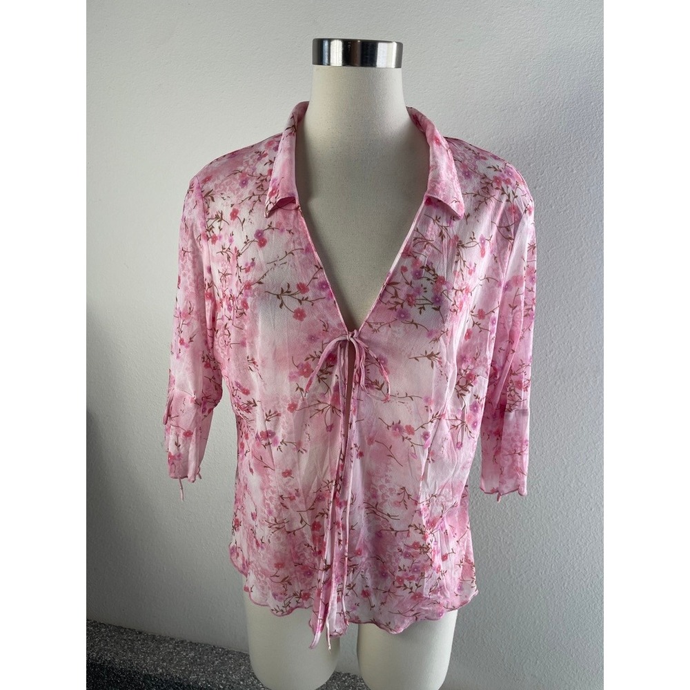 NEW Vintage Anna Blossom 3XL Pink Floral Sheer Mesh Tie Front Top Y2K 3/4 Sleeve